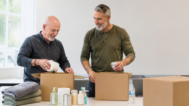 Two middle-aged men packing care packages for veterans inside a bright room with cardboard boxes and personal care items on a table