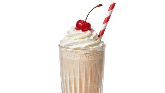 Creamy milkshake topped with whipped cream and cherry, isolated on transparent background