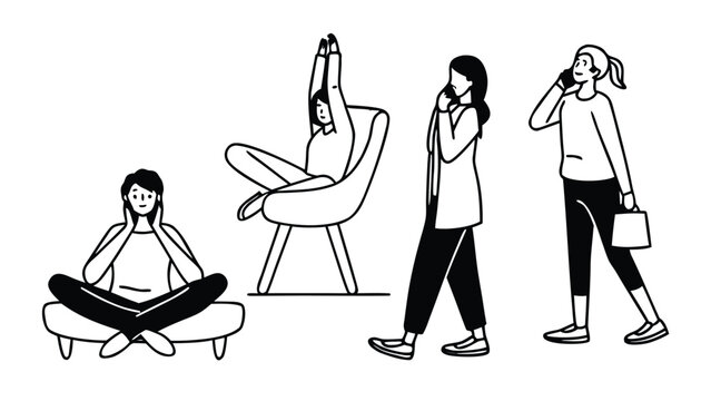 Black and White People Activities Vector Illustration Set