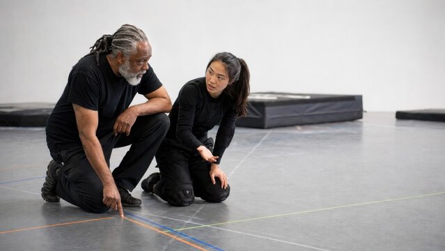 Stuntman and stuntwoman in black attire discussing choreography on a gym floor with padded mats and marked lines visible in the background