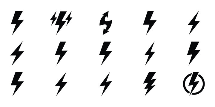 Lightning bolt icons collection, black flash symbols, thunderbolt shapes, and electric energy vector set