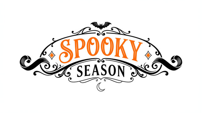 Vintage decorative happy halloween typography design featuring spooky season text with ornate flourishes and bat elements