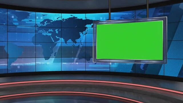 Virtual news studio background with green screen monitor. Professional broadcast television set with world map video wall. Modern digital newsroom interior.
