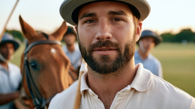 Male polo player with beard wearing a white shirt and hat stands in front of a horse, with teammates and a grassy polo field visible in the background