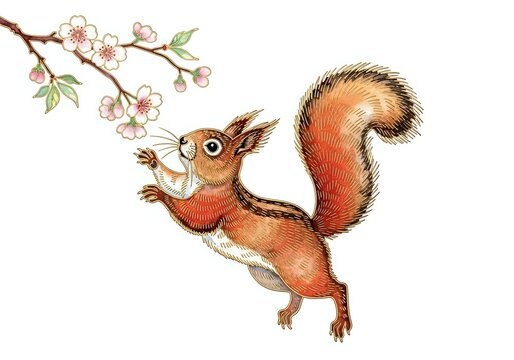 Charming red squirrel reaching for cherry blossom branch, detailed