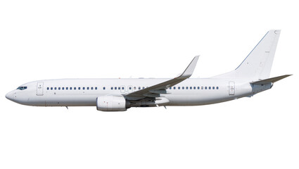 Blank white passenger jet airplane with multiple windows, isolated on transparent background © Iura