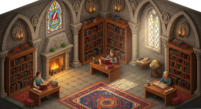 Medieval library room with scholars reading by the fireplace on a transparent background for historical game design and fantasy world building