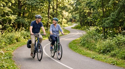 Fototapeta premium Two cyclists riding together on a scenic forest road with lush greenery and bright daylight atmosphere