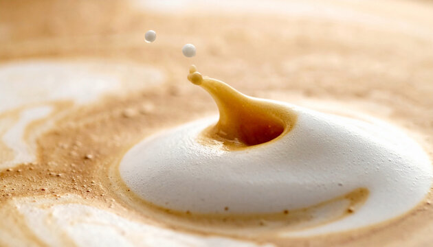 Dynamic milk drop splashing into coffee foam with rich swirls and creamy texture close-up