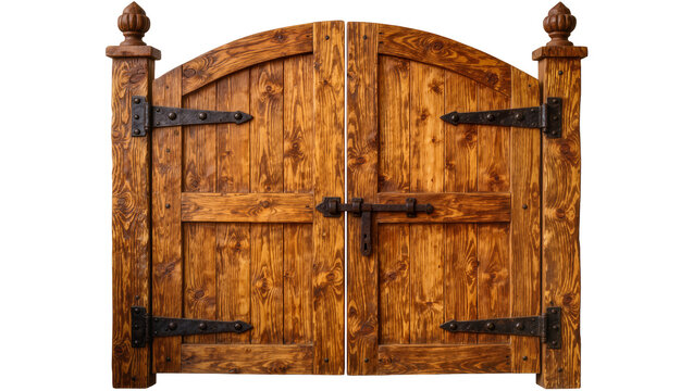 Rustic wooden double gate with ornate black iron hinges and latch, isolated on transparent background