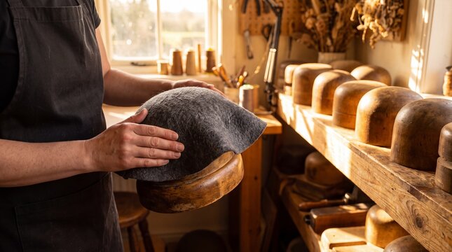 Milliner Shaping Wet Felt over a Wooden Hat Block
