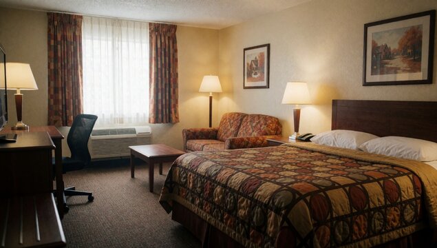 Hotel room large double bed center covered colorful quilt has white pillows top there nightstands either side