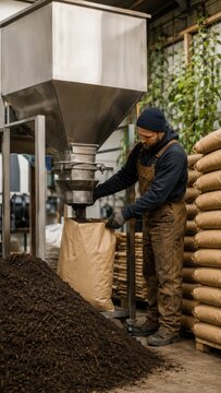 Male worker in brown overalls fills a paper bag with compost from a large metal hopper in a warehouse, stacks of burlap sacks visible in the background
