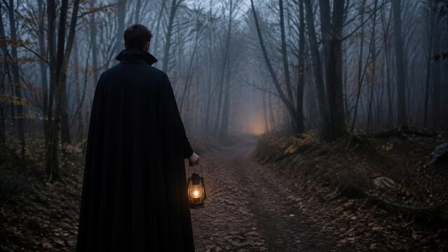 Male figure in a black cloak holding a lantern walks along a misty forest path surrounded by trees and fallen leaves, evoking a Halloween atmosphere