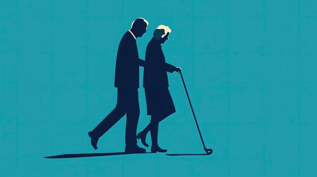 A compassionate caregiver assists an elderly person in walking, showcasing a tender moment of support and connection against a soothing blue background during daylight