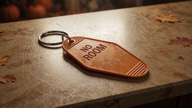 Keychain words room written cursive font rectangular shape appears made light-colored material resting wooden