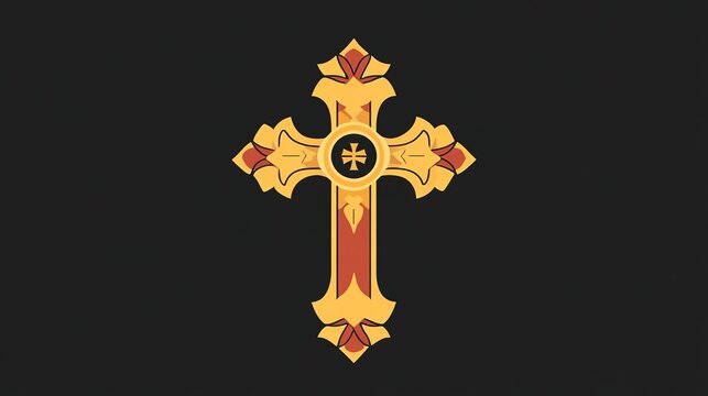 Brightly colored Byzantine cross stands out against a dark backdrop. It showcases intricate details and artistic flair, evoking a sense of rich cultural history and spirituality
