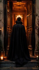 Naklejka premium Male figure in a long black cape stands at an ornate doorway with warm lighting, creating a mysterious Halloween atmosphere with candles and decorative plants