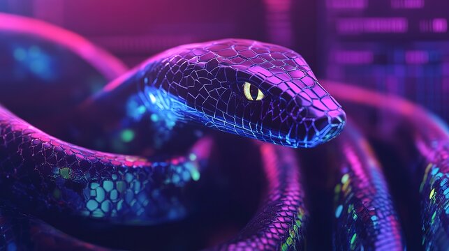 A vibrant snake glimmers in shades of blue and purple, winding through a digital landscape filled with abstract shapes and patterns, symbolizing creativity in programming concepts