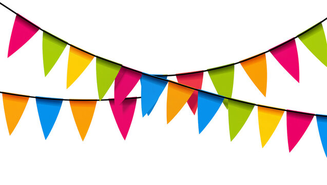 Colorful triangular party flags strung on black cords, isolated on transparent background