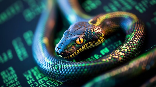 A vibrant snake coils gracefully over a dark surface filled with glowing, green code. The scene embodies a blend of the natural world and modern technology, sparking curiosity