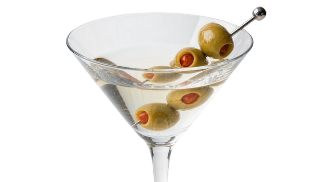 Clear martini cocktail with green olives on skewer, isolated on transparent background
