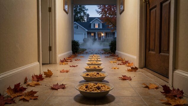 Hallway row bowls cereal floor filled different types including macaroni cheese arranged neat lined autumn lea