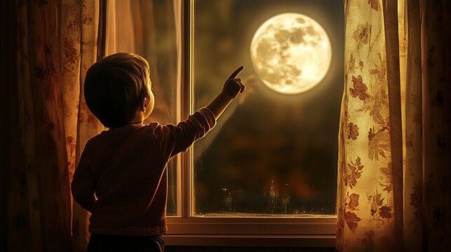 A child stands by a window at night, pointing excitedly at the bright Moon shining in the dark sky. The room is softly lit, creating a warm and magical atmosphere