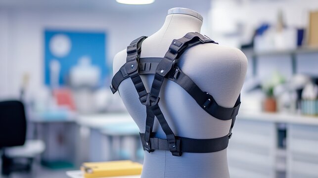 A unique back brace is showcased on a mannequin in a clinic, highlighting its careful construction and thoughtful features. This setting enhances the importance of patient support and recovery