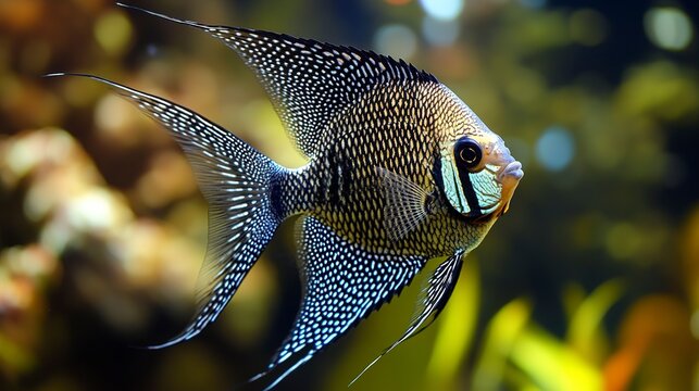 In a vibrant aquarium filled with bright decorations, an angelfish explores its surroundings, showcasing its intricate patterns and colors while swimming through green plants