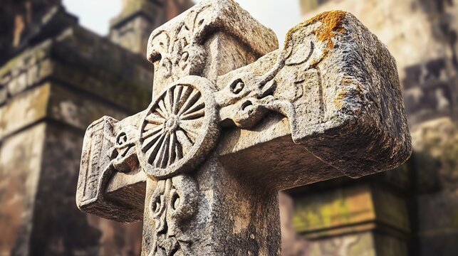 An ancient stone cross emerges from weathered grounds, its detailed carvings telling stories of the past. Sunlight softly bathes the relic, highlighting its enduring beauty in a hidden location