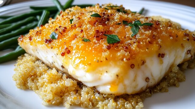 Savor the delightful taste of baked cod, perfectly flaked and topped with a golden crust, served alongside fluffy quinoa and vibrant green beans, creating a wholesome dining experience