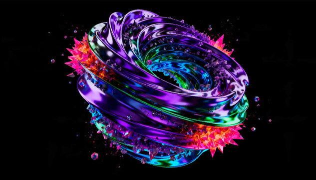 Vector illustration of an abstract computer graphics chimera with a bioluminescent liquid metal in the form of a Fibonacci spiral. Purple, blue, green, and magenta colors with crystalline particles.
