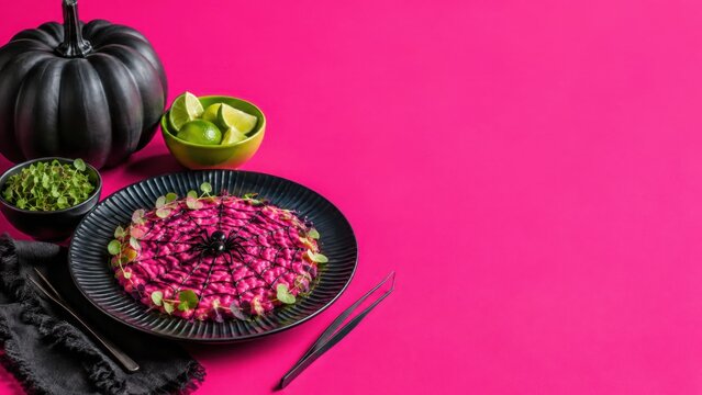 Halloween-themed dish featuring vibrant pink beetroot salad garnished with spider web design, black pumpkin, lime wedges, and fresh herbs on a bright pink background