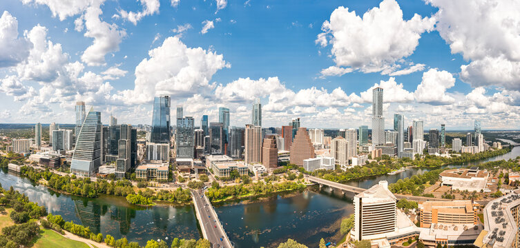 Austin, Texas skyline and Colorado River river panorama. Austin is the capital city of the U.S. state of Texas