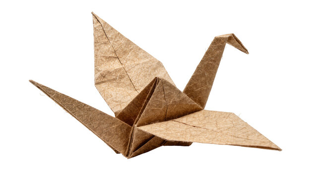 Brown textured paper origami crane bird, isolated on transparent background