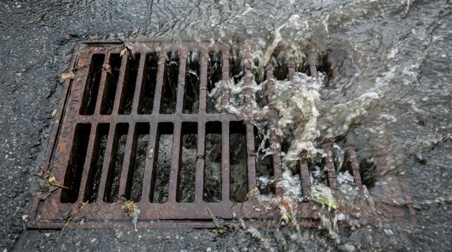 Heavy rainfall water draining immediately into the street sewer grate.