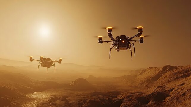 In a surreal twilight, drones glide across the rocky terrain of an alien world, collecting samples from the ground as the sun dips below the horizon, casting an orange glow everywhere