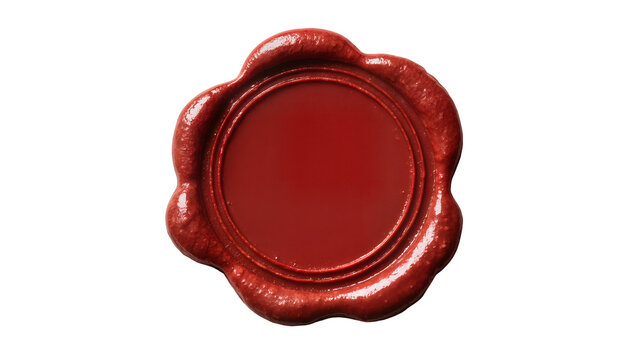 Crimson red wax seal with embossed circular impression, isolated on transparent background