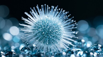 Obraz premium A close-up of a blue spherical structure surrounded by glistening droplets, showcasing microbial beauty in a fascinating way.