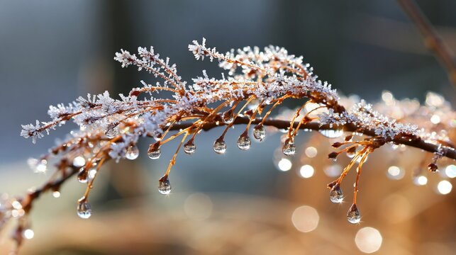 A close-up of a frosty branch, adorned with icicles, sparkling in the sunlight, showcasing nature's winter beauty.