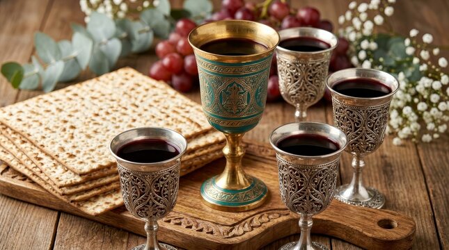 Matzoh and four cups of red kosher wine for the Passover holiday Jewish celebration.