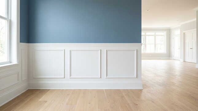 Newly renovated room featuring freshly painted blue walls and white wainscoting.