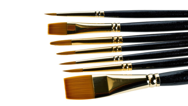 Collection of assorted artist paint brushes with black handles and gold ferrules, isolated on transparent background