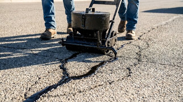 An asphalt patcher performs coated filling of asphalt cracks using bitumen emulsion for road surface restoration.