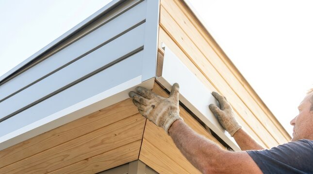 Installing aluminum composite panels on exterior wooden corners with fascia trim.