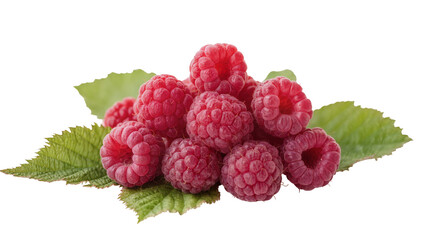 Pile of ripe red raspberries with green leaves, isolated on transparent background © Iura