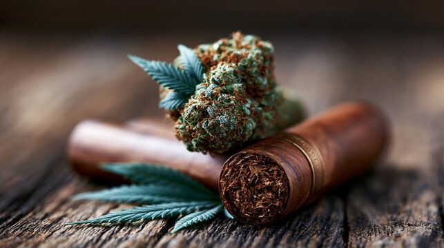 A close-up of cannabis buds with a wooden rolling paper on a rustic table, showcasing the natural beauty of the plant.