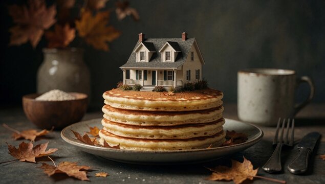 Stack pancakes plate miniature model house top golden brown appear freshly made placed dark grey table autumn