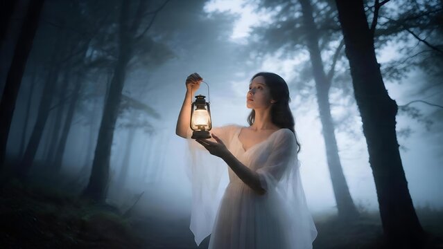 A mystical young woman holding a glowing lantern in a foggy forest at twilight.